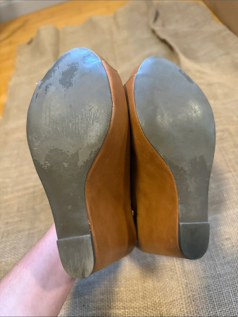 Steve Madden Tan Leather Peep-Toe Wedge Slingback Heels
